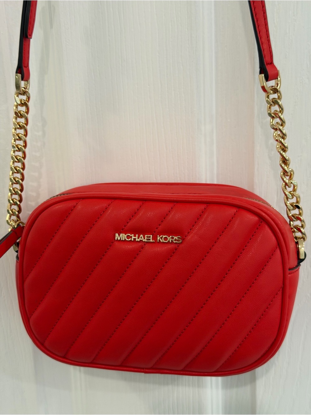 Michael Kors Quilted Red Crossbody with Gold Chain Strap